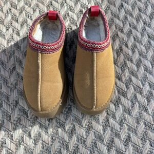 Tan Suede Slip-On Shoes with Red Trim